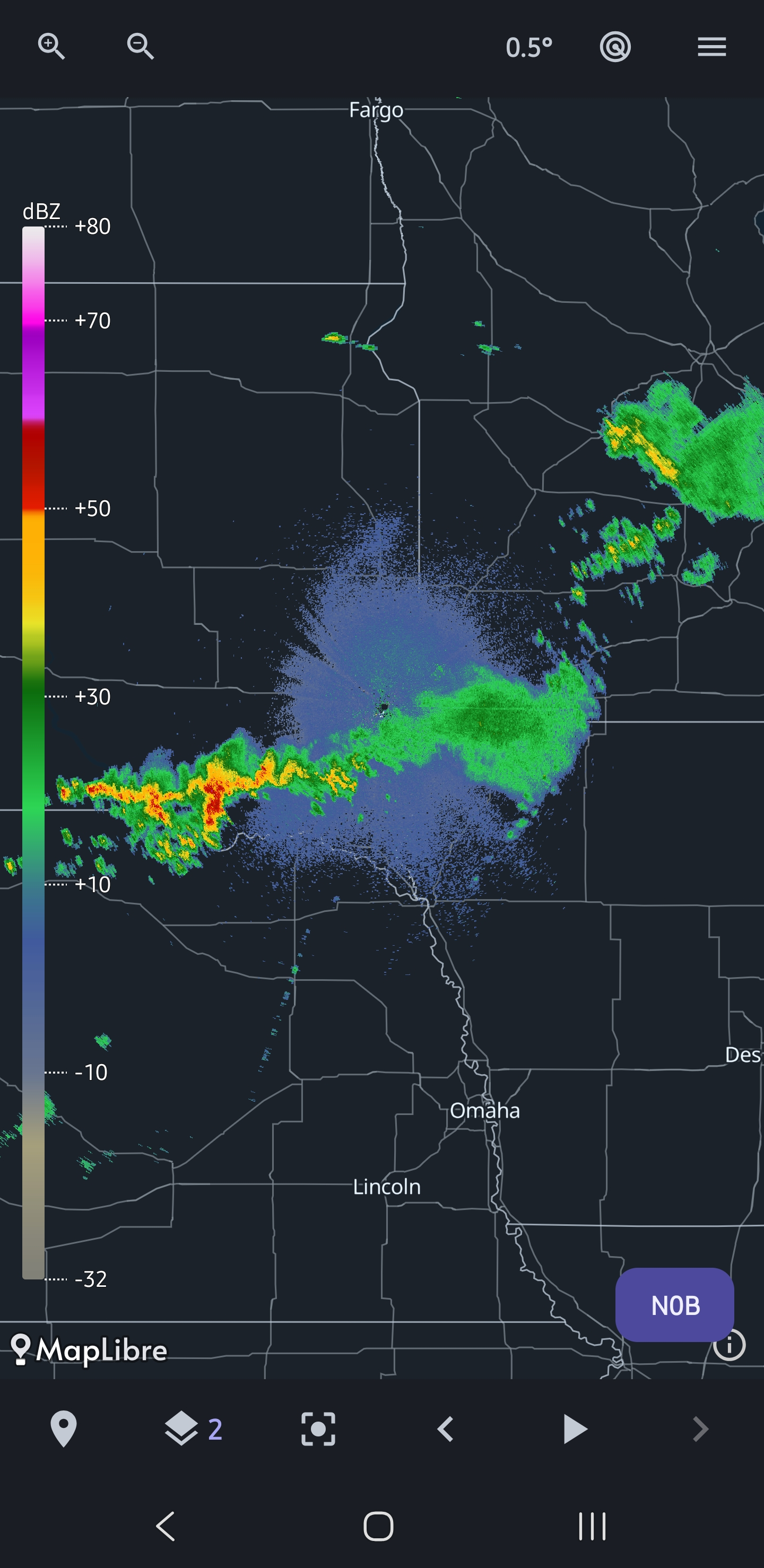 MesoScan Android app showing base reflectivity near Sioux Falls, with a dBZ color legend and radar controls.